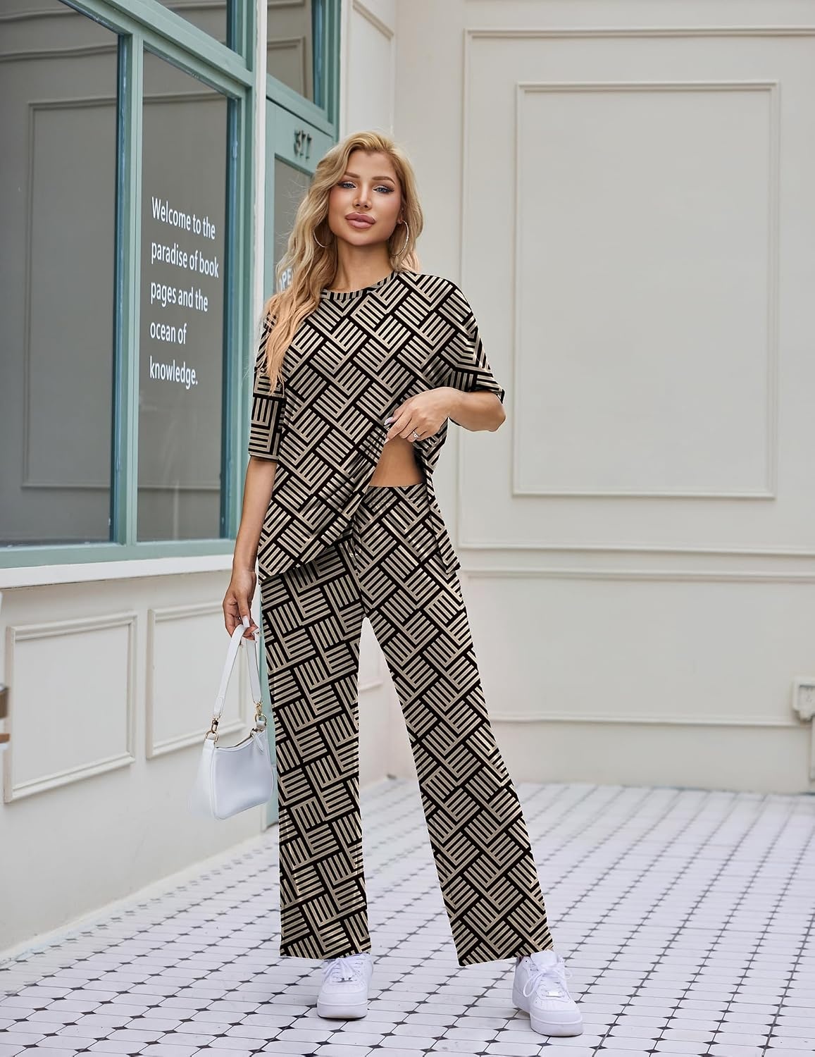 image:imageEkouaer Womens Lounge Sets Short Sleeve Top Long Pants 2 Piece Outfit Set Soft Oversized Shirt amp Loose Fit Pants with Pockets Casual Loungewear for Travel Vacation Airport HomeDaily Wear2PackChampagneblack Geometric