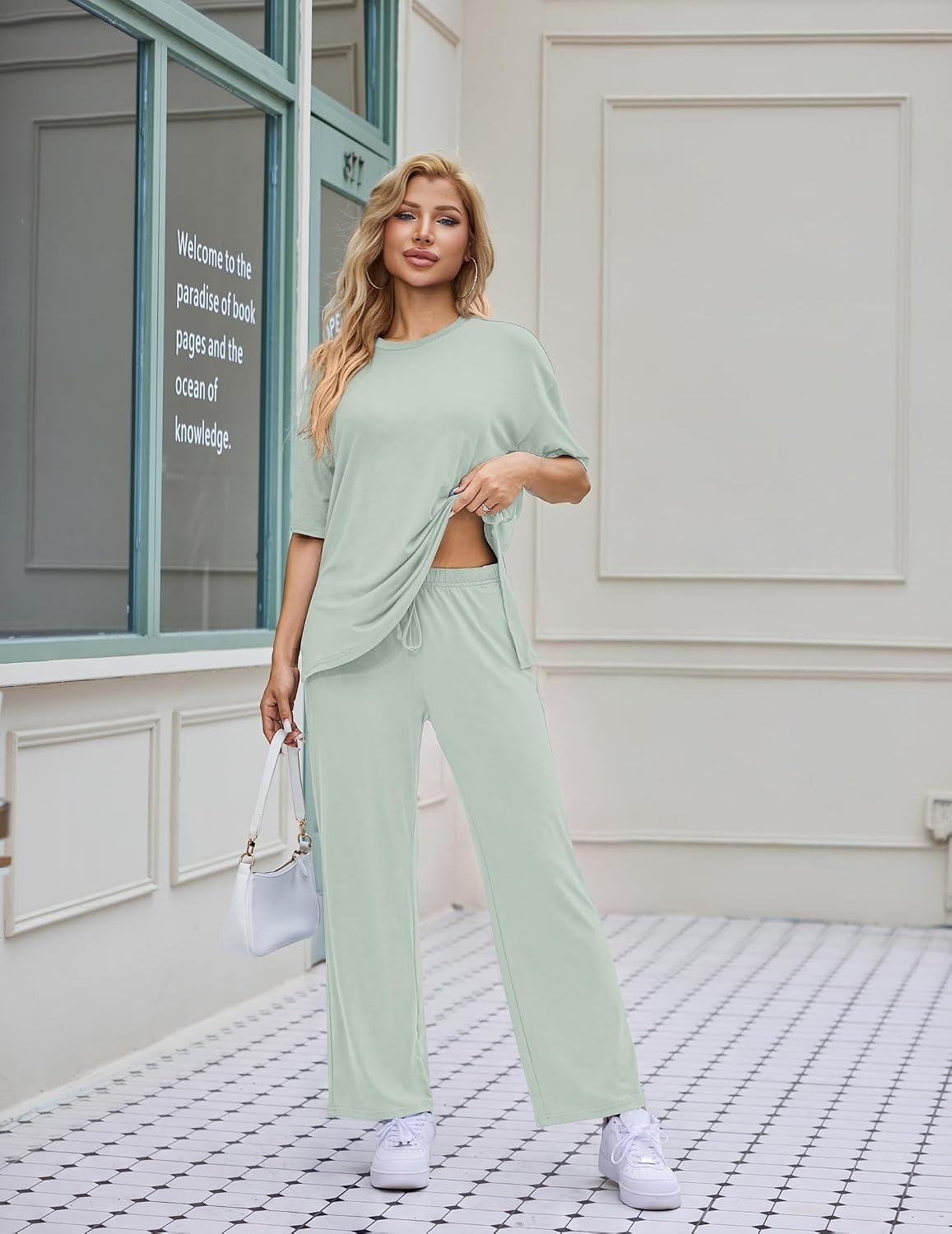 image:imageEkouaer Womens Lounge Sets Short Sleeve Top Long Pants 2 Piece Outfit Set Soft Oversized Shirt amp Loose Fit Pants with Pockets Casual Loungewear for Travel Vacation Airport HomeDaily Wear2PackLight Pinklight Green