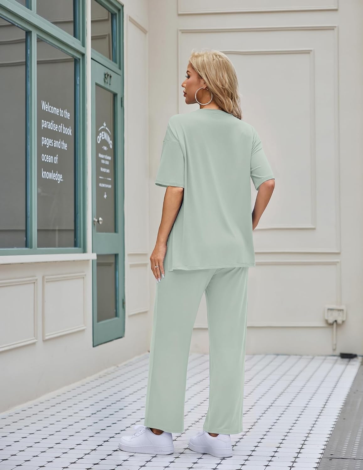 image:imageEkouaer Womens Lounge Sets Short Sleeve Top Long Pants 2 Piece Outfit Set Soft Oversized Shirt amp Loose Fit Pants with Pockets Casual Loungewear for Travel Vacation Airport HomeDaily Wear2PackLight Pinklight Green