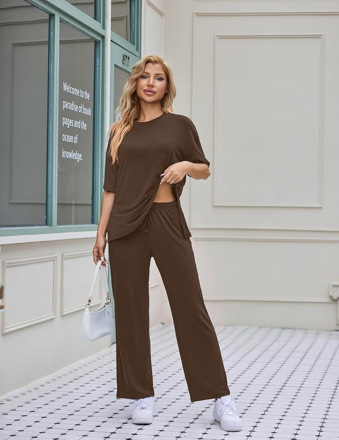 image:imageEkouaer Womens Lounge Sets Short Sleeve Top Long Pants 2 Piece Outfit Set Soft Oversized Shirt amp Loose Fit Pants with Pockets Casual Loungewear for Travel Vacation Airport HomeDaily Wear2PackBlackbrown
