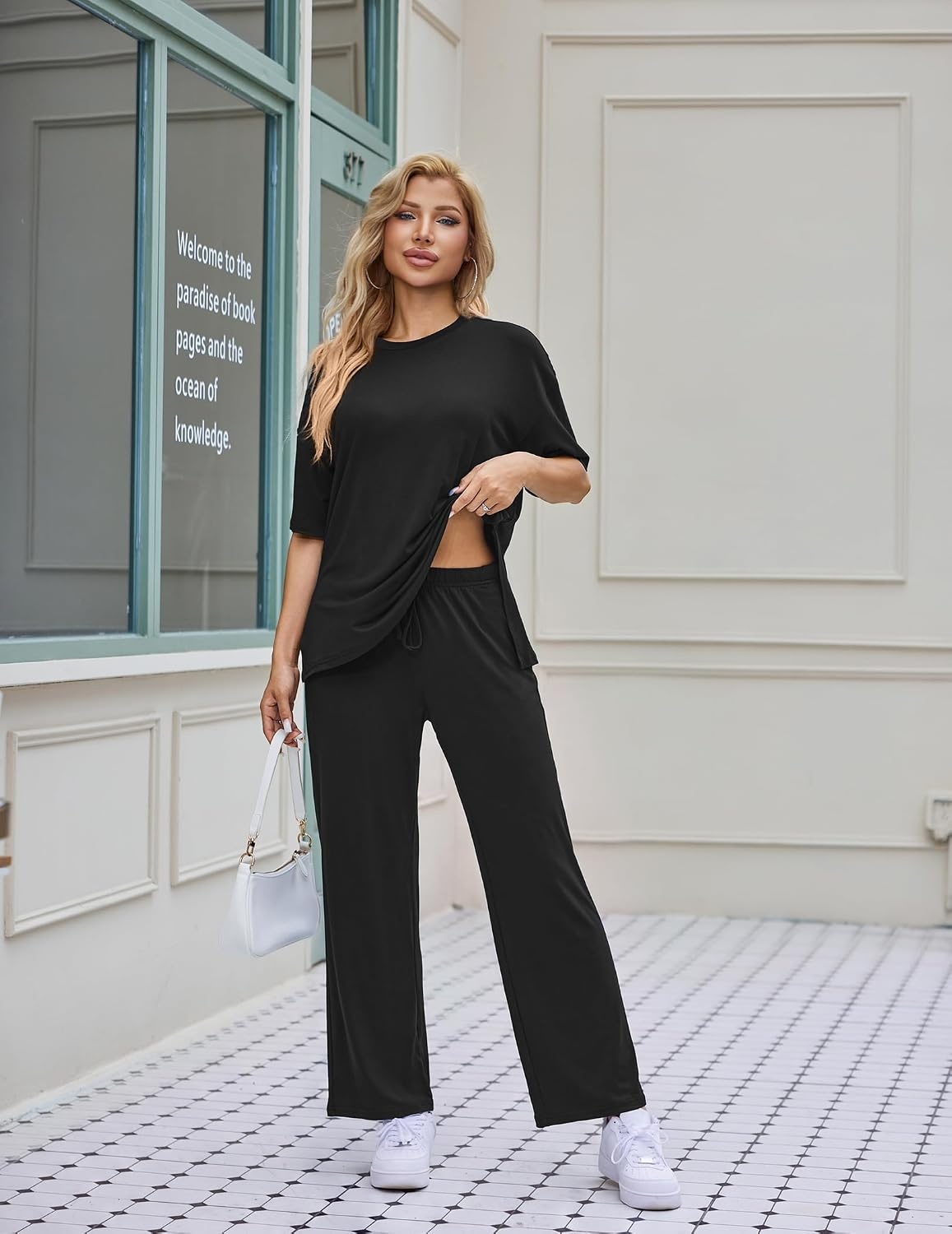 image:imageEkouaer Womens Lounge Sets Short Sleeve Top Long Pants 2 Piece Outfit Set Soft Oversized Shirt amp Loose Fit Pants with Pockets Casual Loungewear for Travel Vacation Airport HomeDaily Wear2PackDark Greyblack