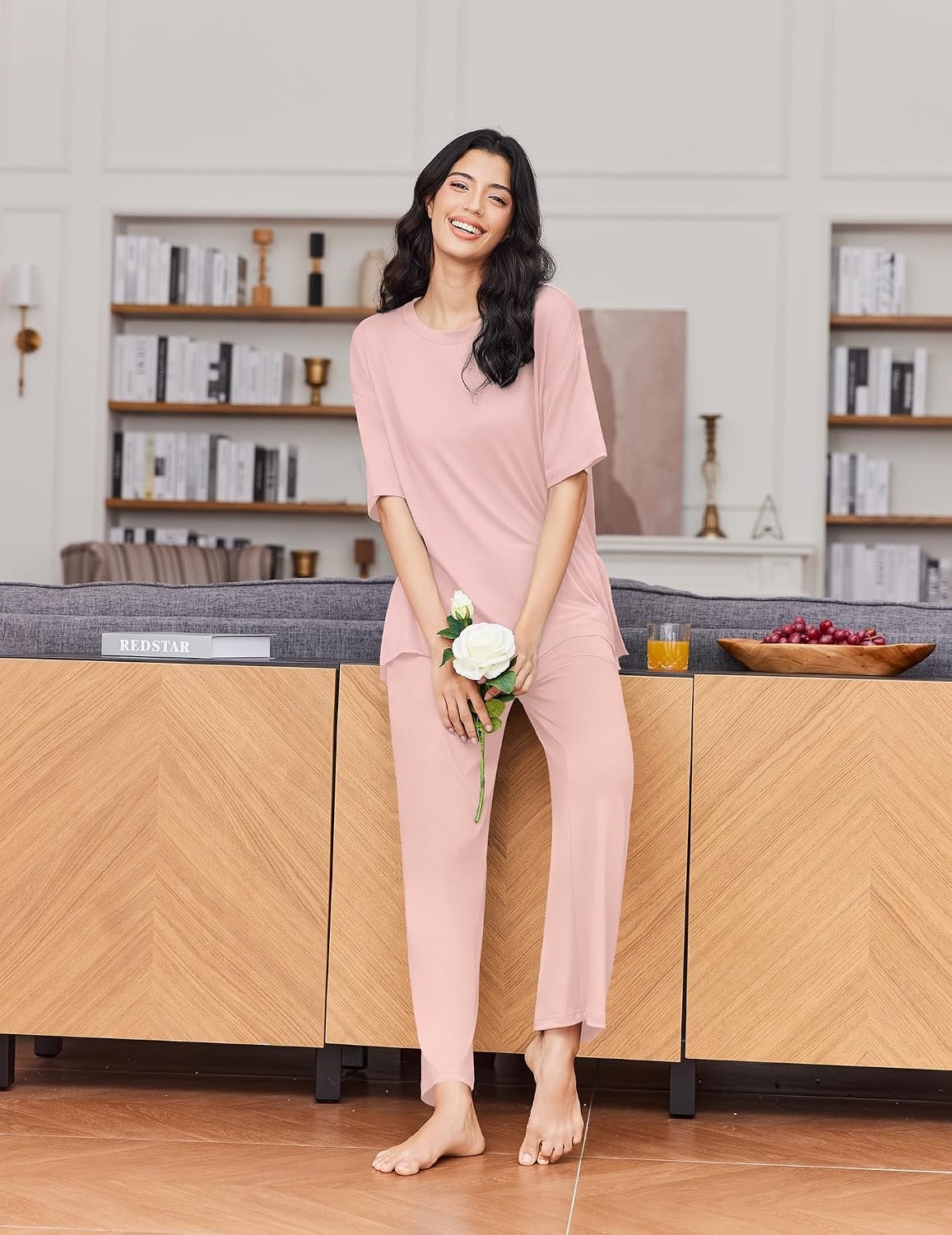 image:imageEkouaer Womens Lounge Sets Short Sleeve Top Long Pants 2 Piece Outfit Set Soft Oversized Shirt amp Loose Fit Pants with Pockets Casual Loungewear for Travel Vacation Airport HomeDaily Wear2PackLight Pinkgrey