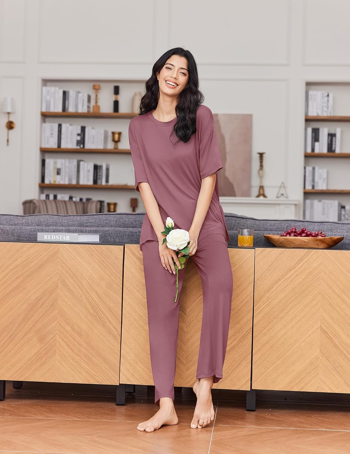 image:imageEkouaer Womens Lounge Sets Short Sleeve Top Long Pants 2 Piece Outfit Set Soft Oversized Shirt amp Loose Fit Pants with Pockets Casual Loungewear for Travel Vacation Airport HomeDaily Wear2PackNavy Bluepurplered