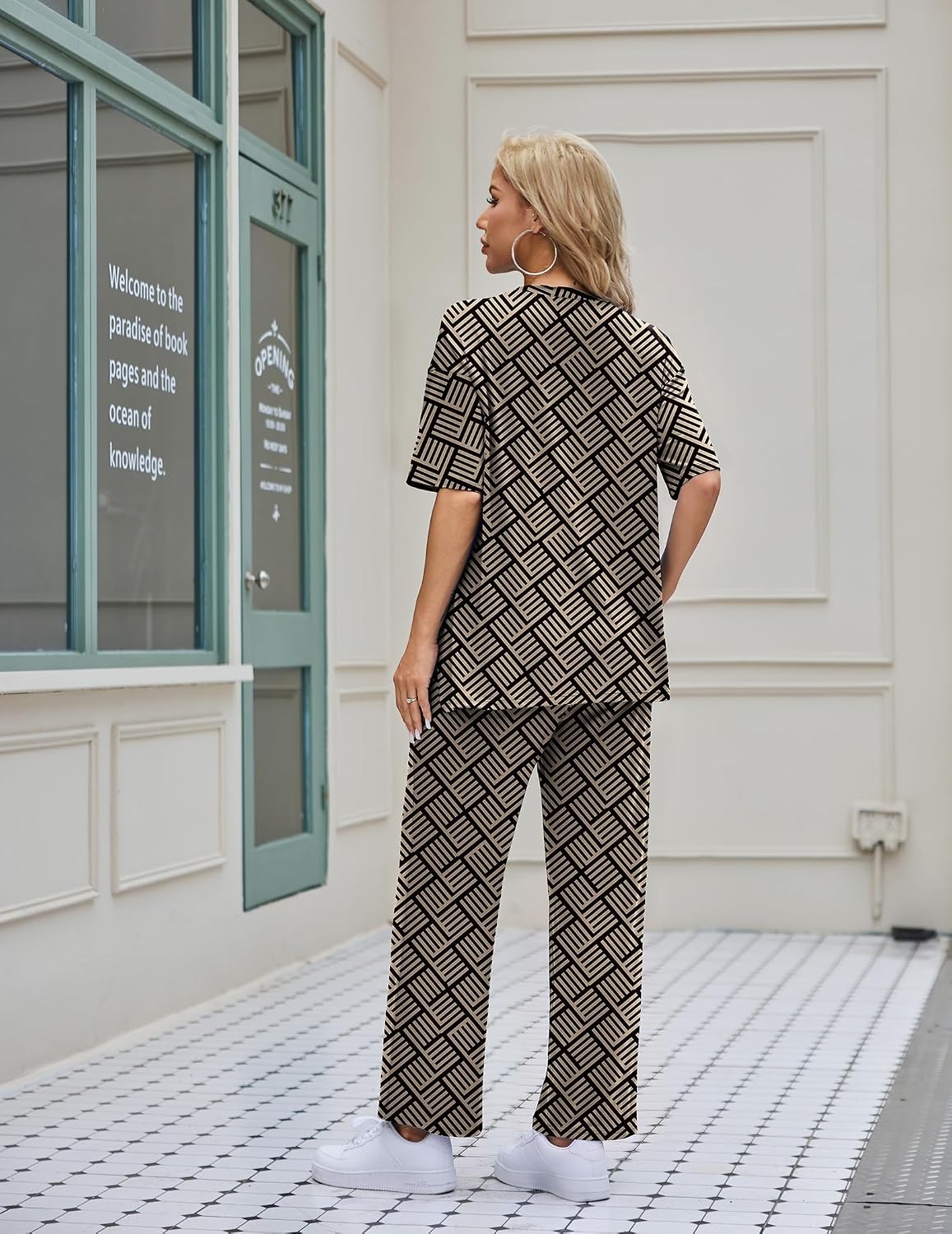 image:imageEkouaer Womens Lounge Sets Short Sleeve Top Long Pants 2 Piece Outfit Set Soft Oversized Shirt amp Loose Fit Pants with Pockets Casual Loungewear for Travel Vacation Airport HomeDaily Wear2PackChampagneblack Geometric