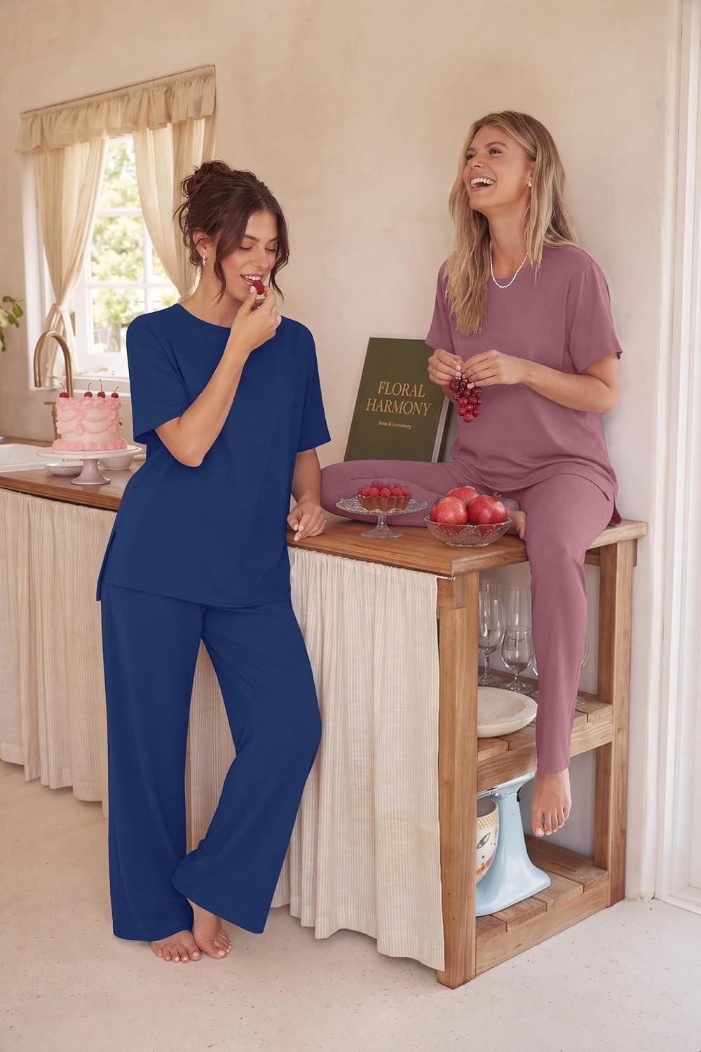 image:imageEkouaer Womens Lounge Sets Short Sleeve Top Long Pants 2 Piece Outfit Set Soft Oversized Shirt amp Loose Fit Pants with Pockets Casual Loungewear for Travel Vacation Airport HomeDaily Wear2PackNavy Bluepurplered