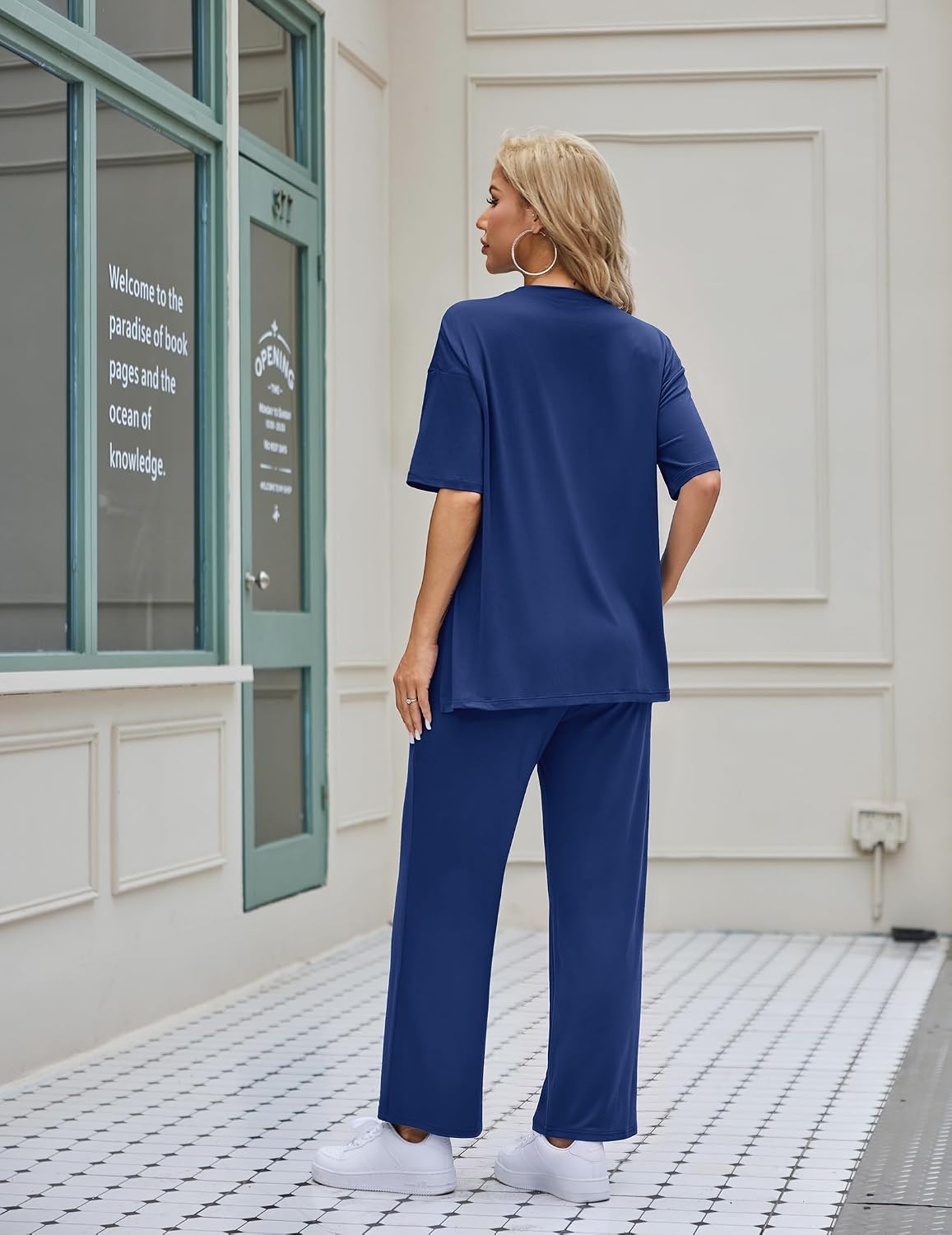 image:imageEkouaer Womens Lounge Sets Short Sleeve Top Long Pants 2 Piece Outfit Set Soft Oversized Shirt amp Loose Fit Pants with Pockets Casual Loungewear for Travel Vacation Airport HomeDaily Wear2PackNavy Bluepurplered