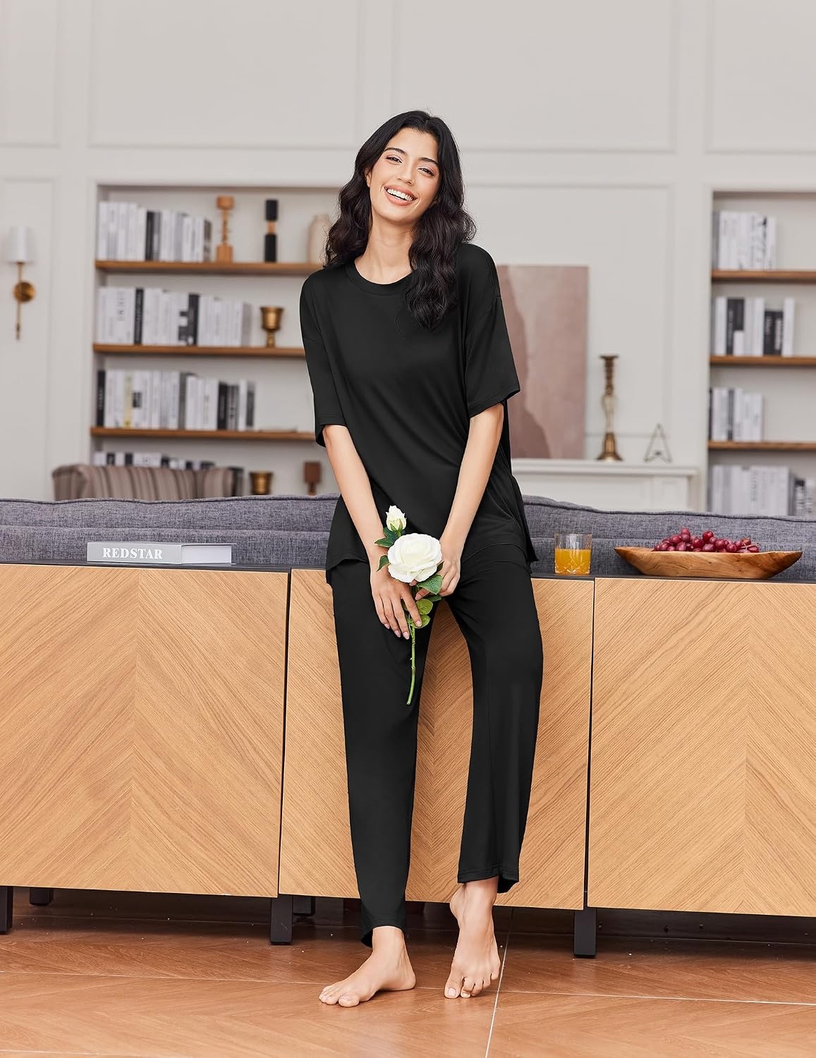 image:imageEkouaer Womens Lounge Sets Short Sleeve Top Long Pants 2 Piece Outfit Set Soft Oversized Shirt amp Loose Fit Pants with Pockets Casual Loungewear for Travel Vacation Airport HomeDaily Wear2PackBlackbrown