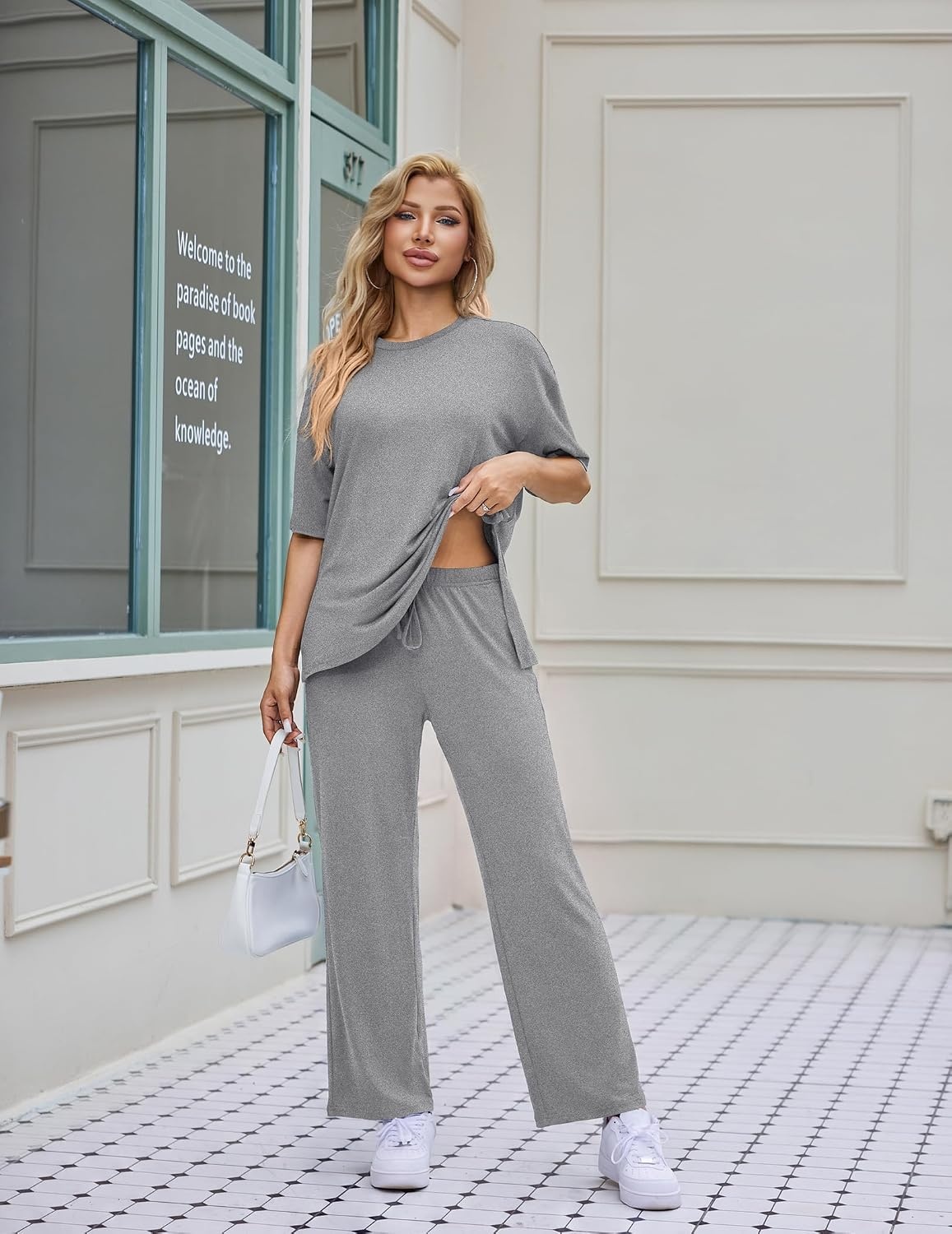 image:imageEkouaer Womens Lounge Sets Short Sleeve Top Long Pants 2 Piece Outfit Set Soft Oversized Shirt amp Loose Fit Pants with Pockets Casual Loungewear for Travel Vacation Airport HomeDaily Wear2PackLight Pinkgrey
