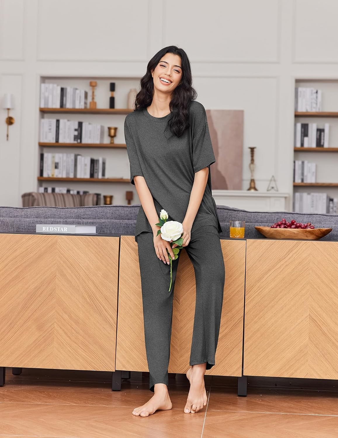 image:imageEkouaer Womens Lounge Sets Short Sleeve Top Long Pants 2 Piece Outfit Set Soft Oversized Shirt amp Loose Fit Pants with Pockets Casual Loungewear for Travel Vacation Airport HomeDaily Wear2PackDark Greyblack