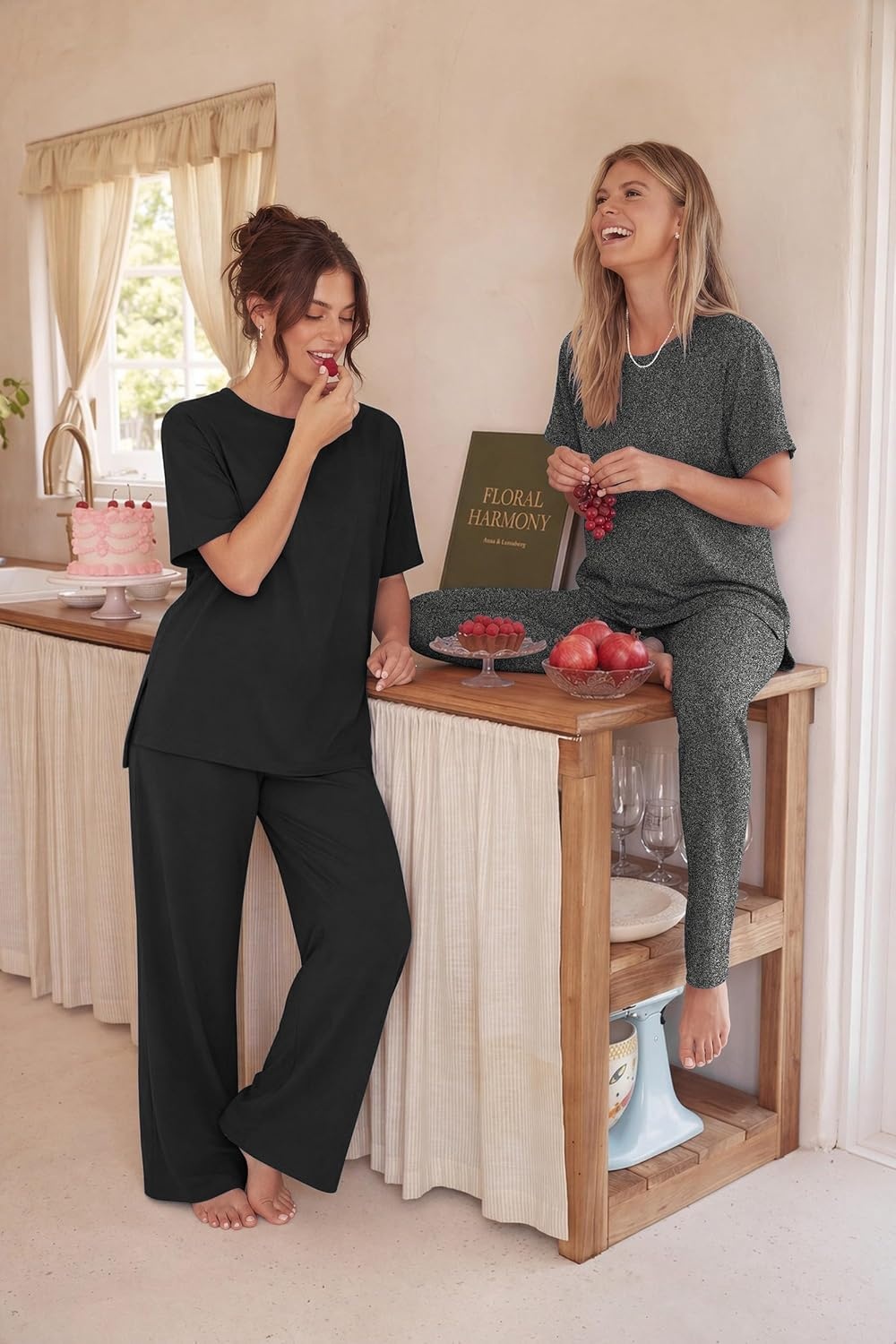 image:imageEkouaer Womens Lounge Sets Short Sleeve Top Long Pants 2 Piece Outfit Set Soft Oversized Shirt amp Loose Fit Pants with Pockets Casual Loungewear for Travel Vacation Airport HomeDaily Wear2PackDark Greyblack