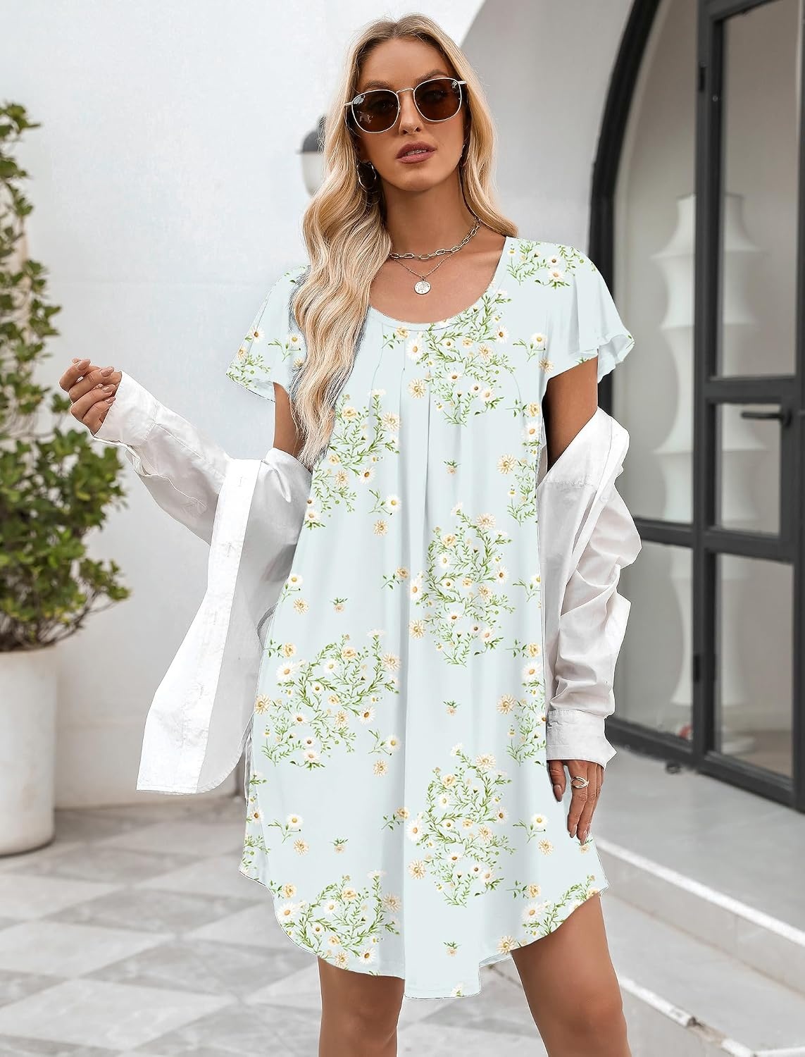 image:imageEkouaer Womens Nightgown Soft Sleepwear Pleated Sleepshirt Sleep Dress Short Sleeve Nightdress S3XLFloral Light Green