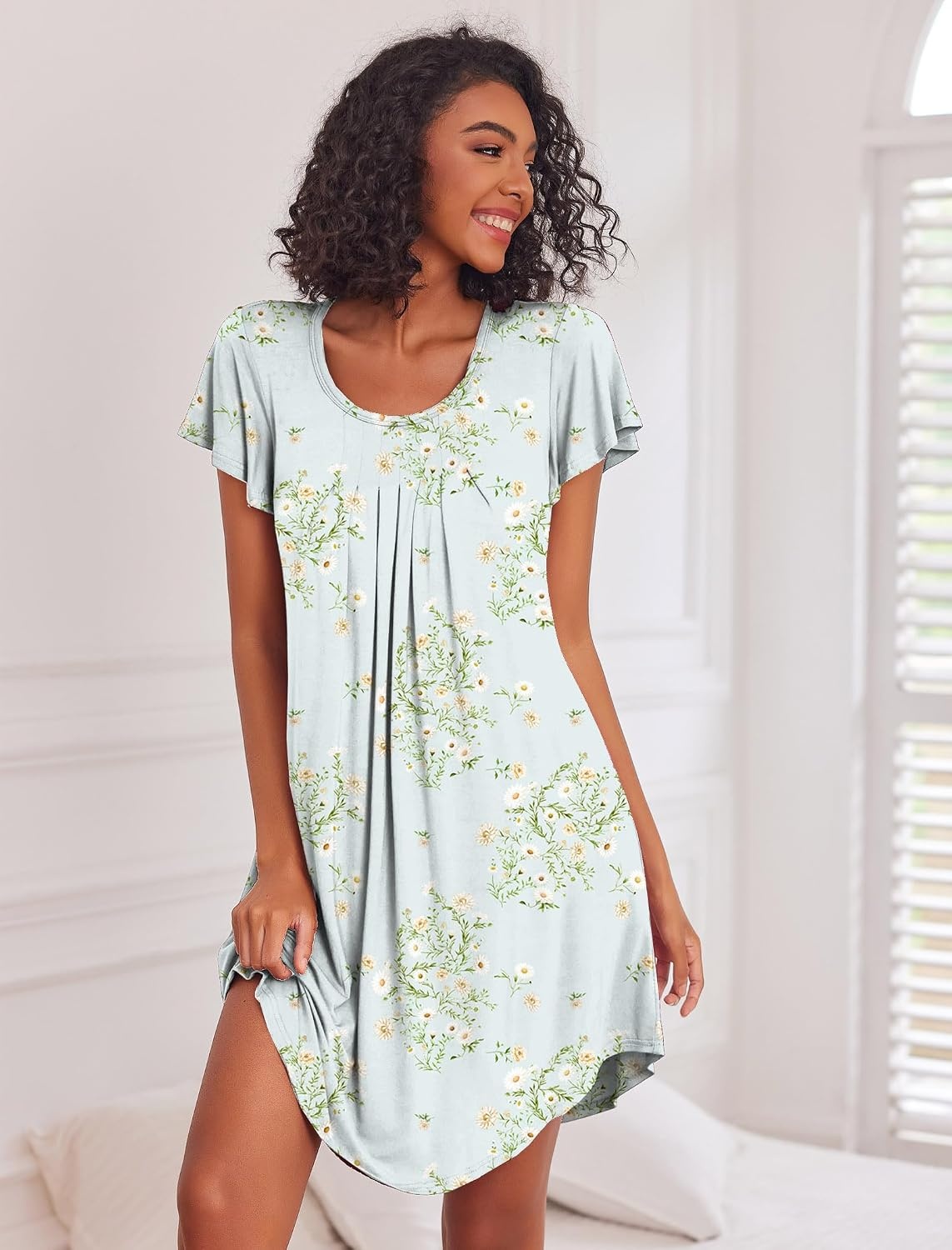 image:imageEkouaer Womens Nightgown Soft Sleepwear Pleated Sleepshirt Sleep Dress Short Sleeve Nightdress S3XLFloral Light Green