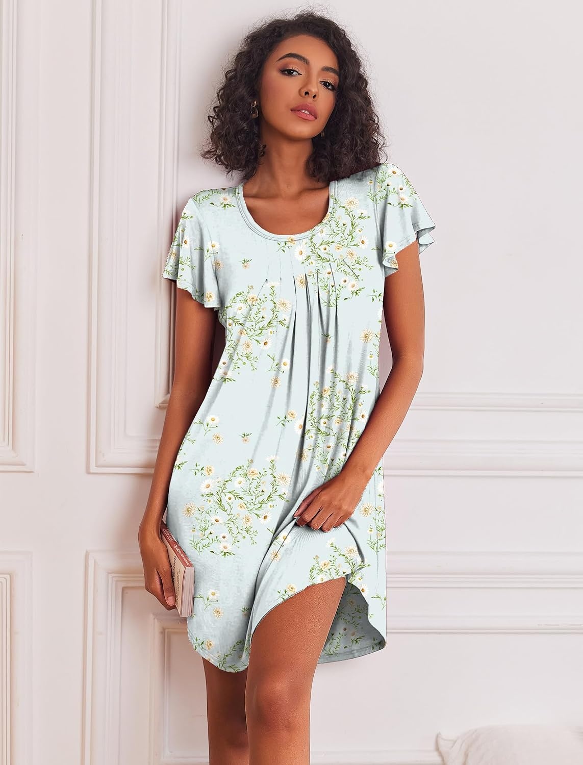 image:imageEkouaer Womens Nightgown Soft Sleepwear Pleated Sleepshirt Sleep Dress Short Sleeve Nightdress S3XLFloral Light Green
