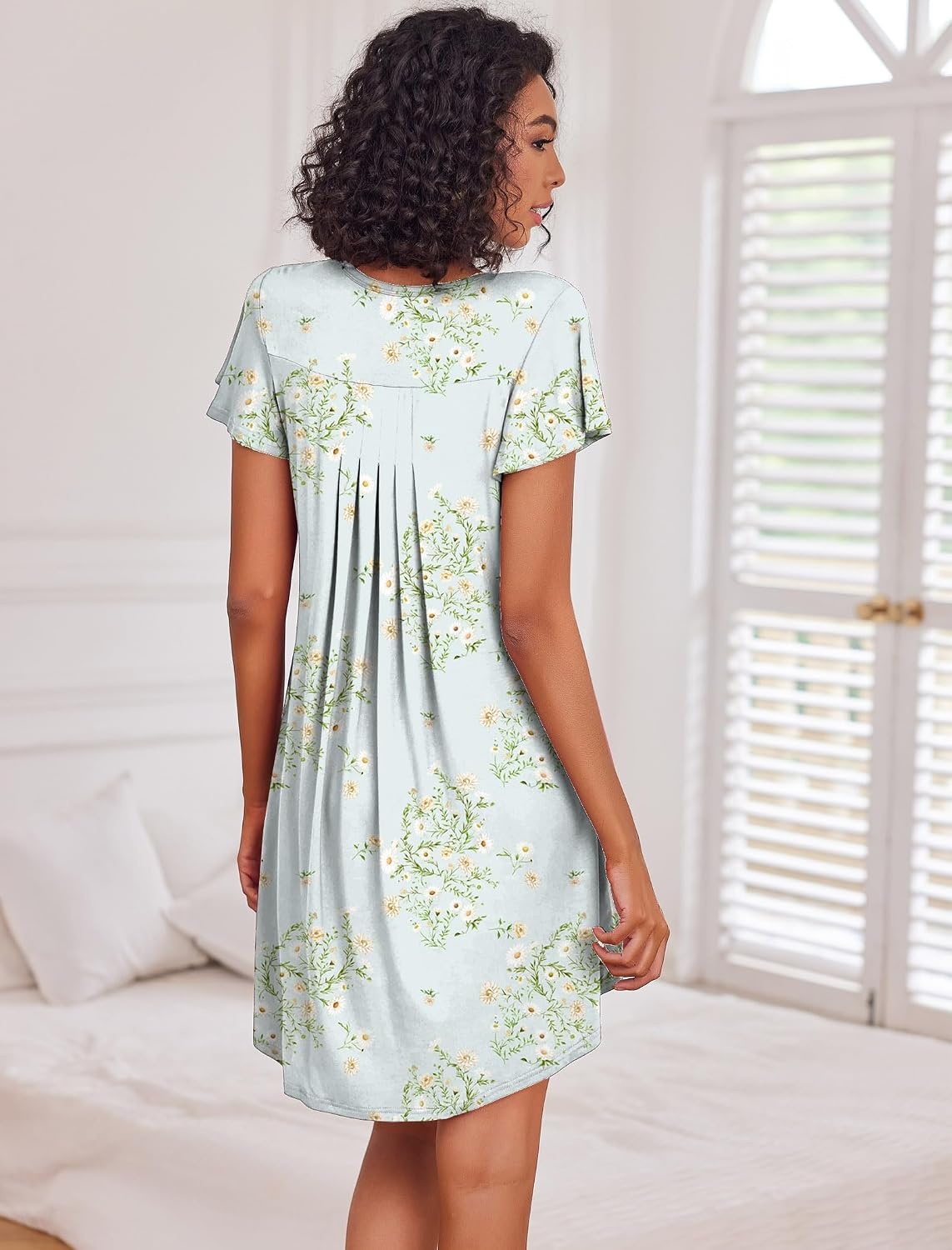 image:imageEkouaer Womens Nightgown Soft Sleepwear Pleated Sleepshirt Sleep Dress Short Sleeve Nightdress S3XLFloral Light Green