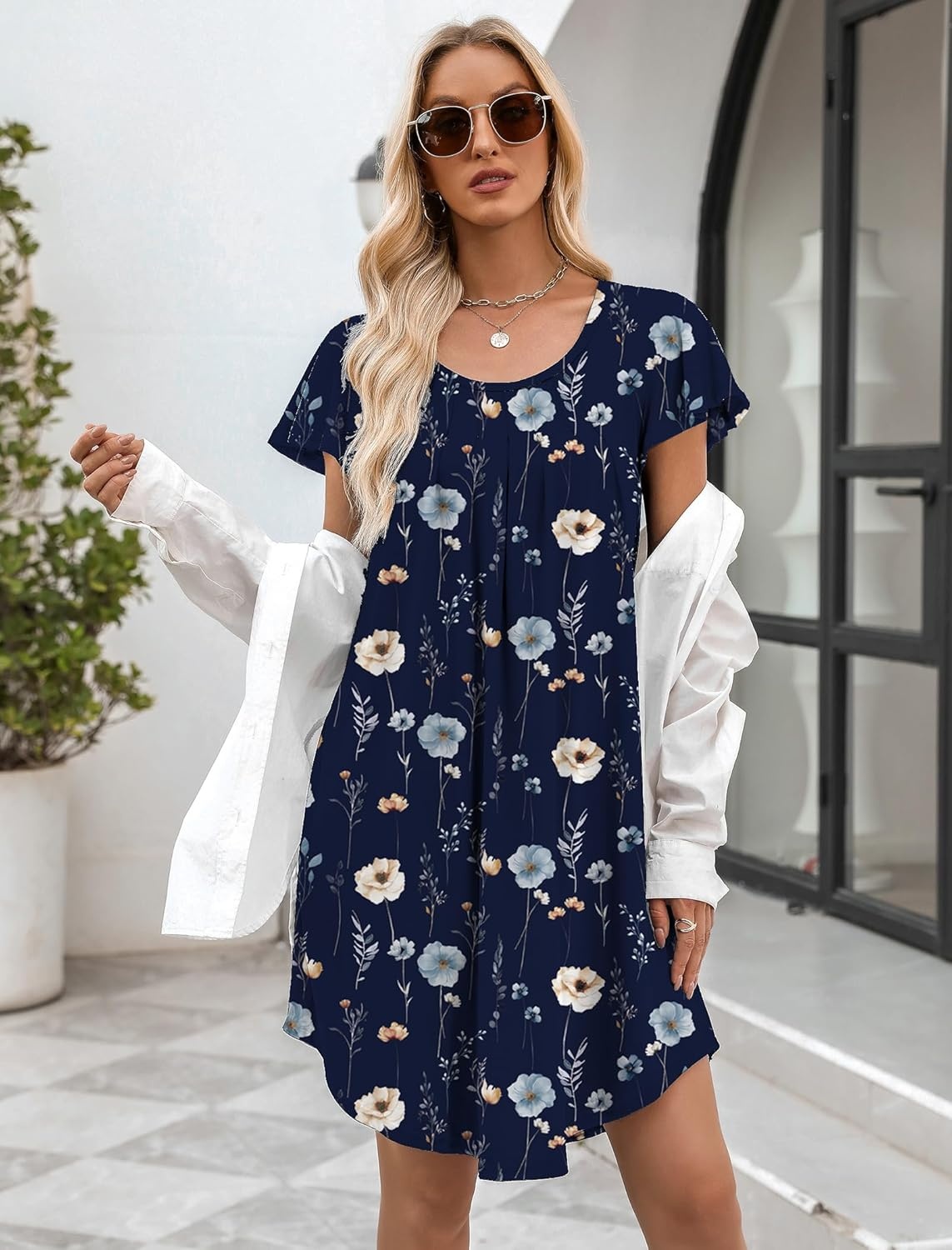 image:imageEkouaer Womens Nightgown Soft Sleepwear Pleated Sleepshirt Sleep Dress Short Sleeve Nightdress S3XLFloral Navy Blue