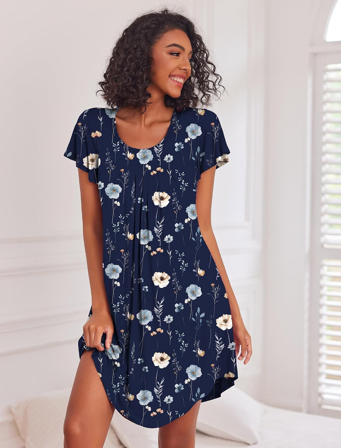 image:imageEkouaer Womens Nightgown Soft Sleepwear Pleated Sleepshirt Sleep Dress Short Sleeve Nightdress S3XLFloral Navy Blue