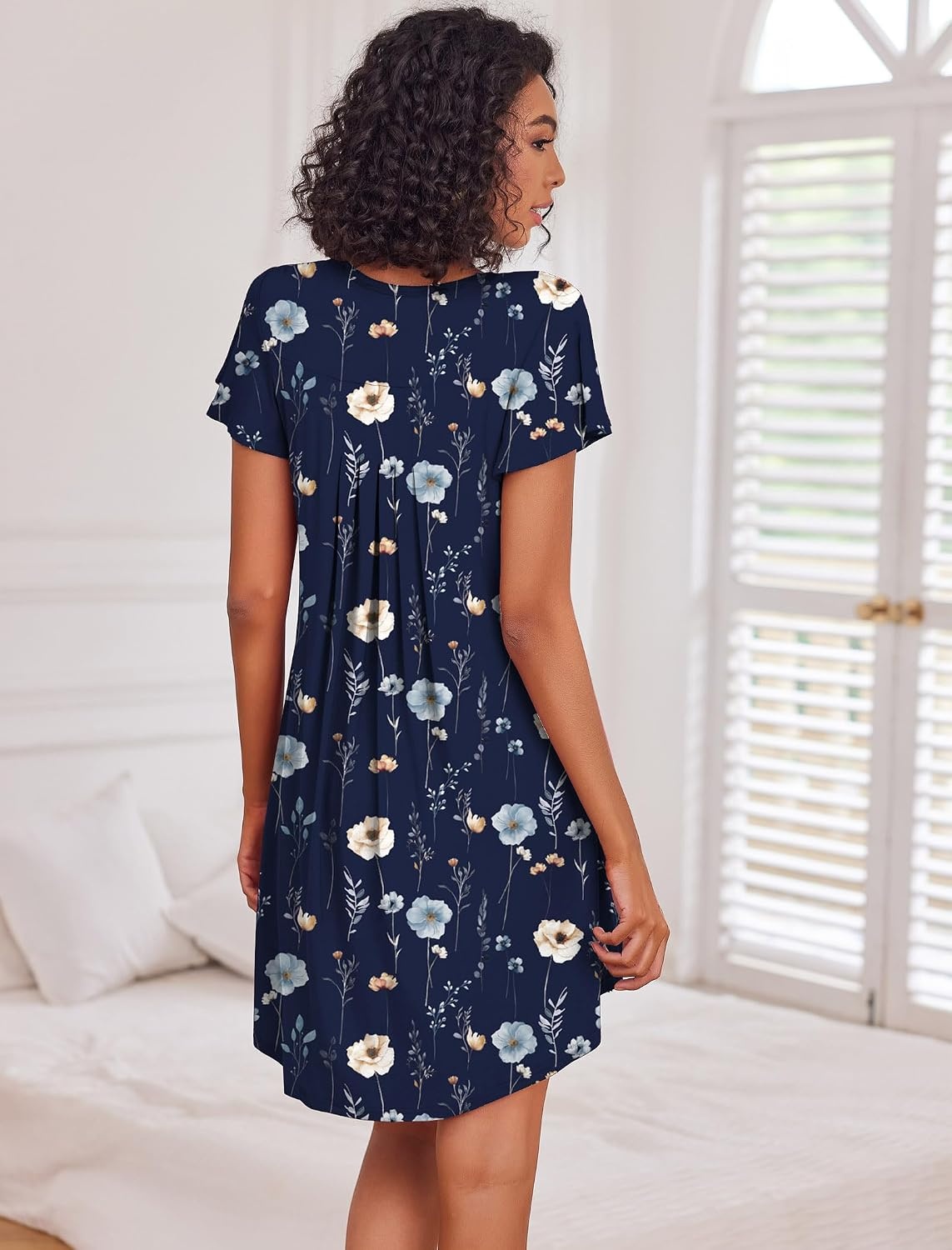 image:imageEkouaer Womens Nightgown Soft Sleepwear Pleated Sleepshirt Sleep Dress Short Sleeve Nightdress S3XLFloral Navy Blue