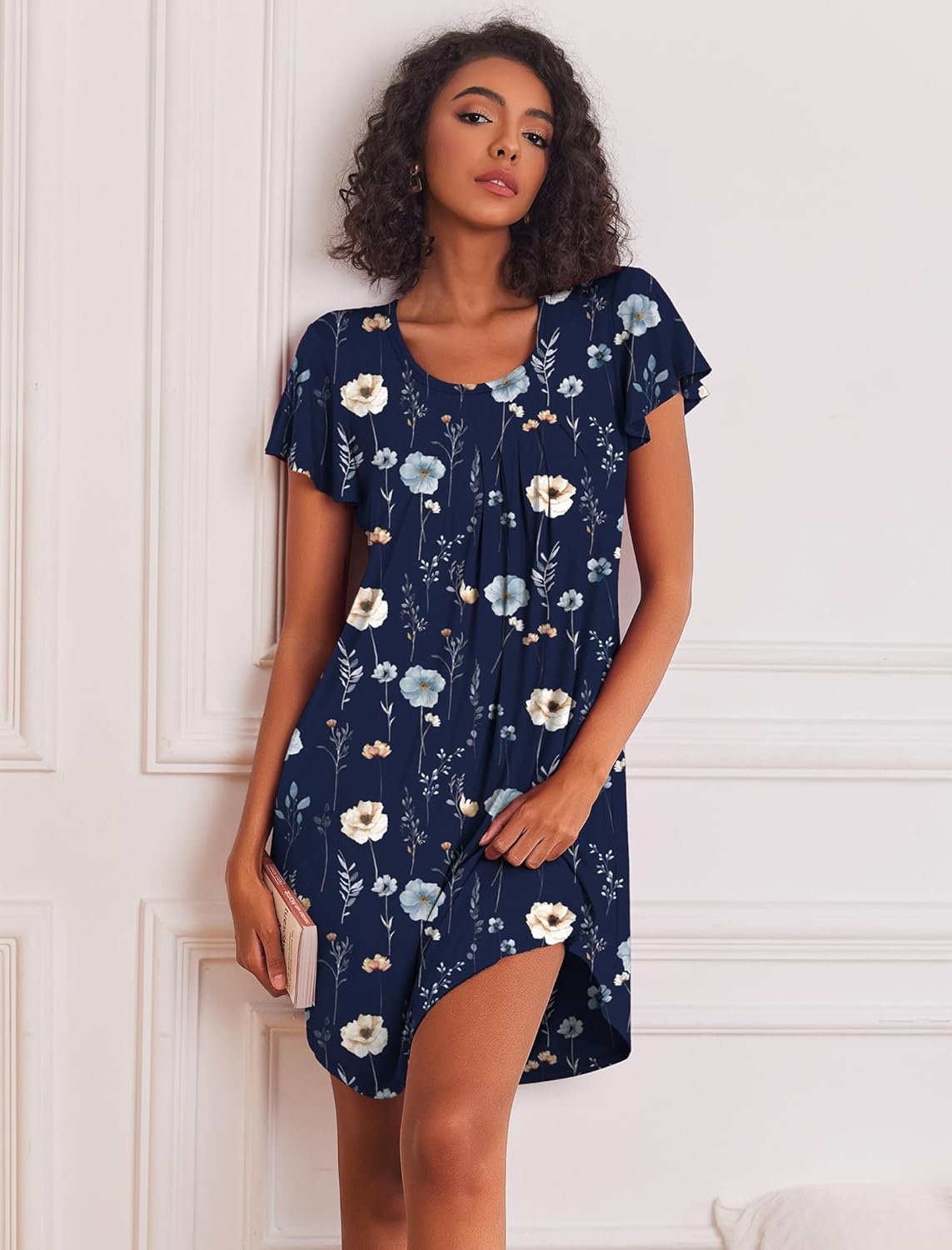 image:imageEkouaer Womens Nightgown Soft Sleepwear Pleated Sleepshirt Sleep Dress Short Sleeve Nightdress S3XLFloral Navy Blue