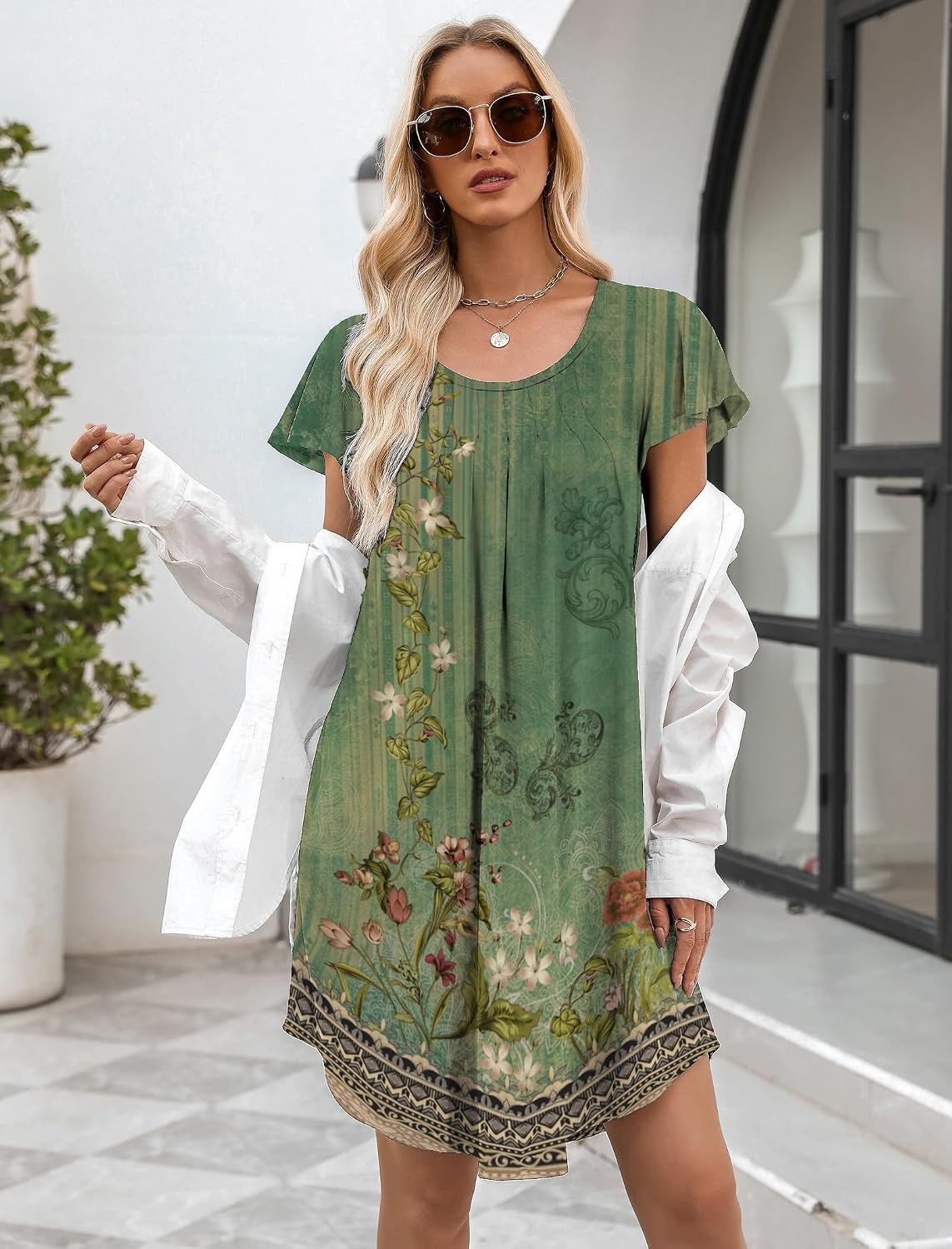 image:imageEkouaer Womens Nightgown Soft Sleepwear Pleated Sleepshirt Sleep Dress Short Sleeve Nightdress S3XLGreen Boho Floral