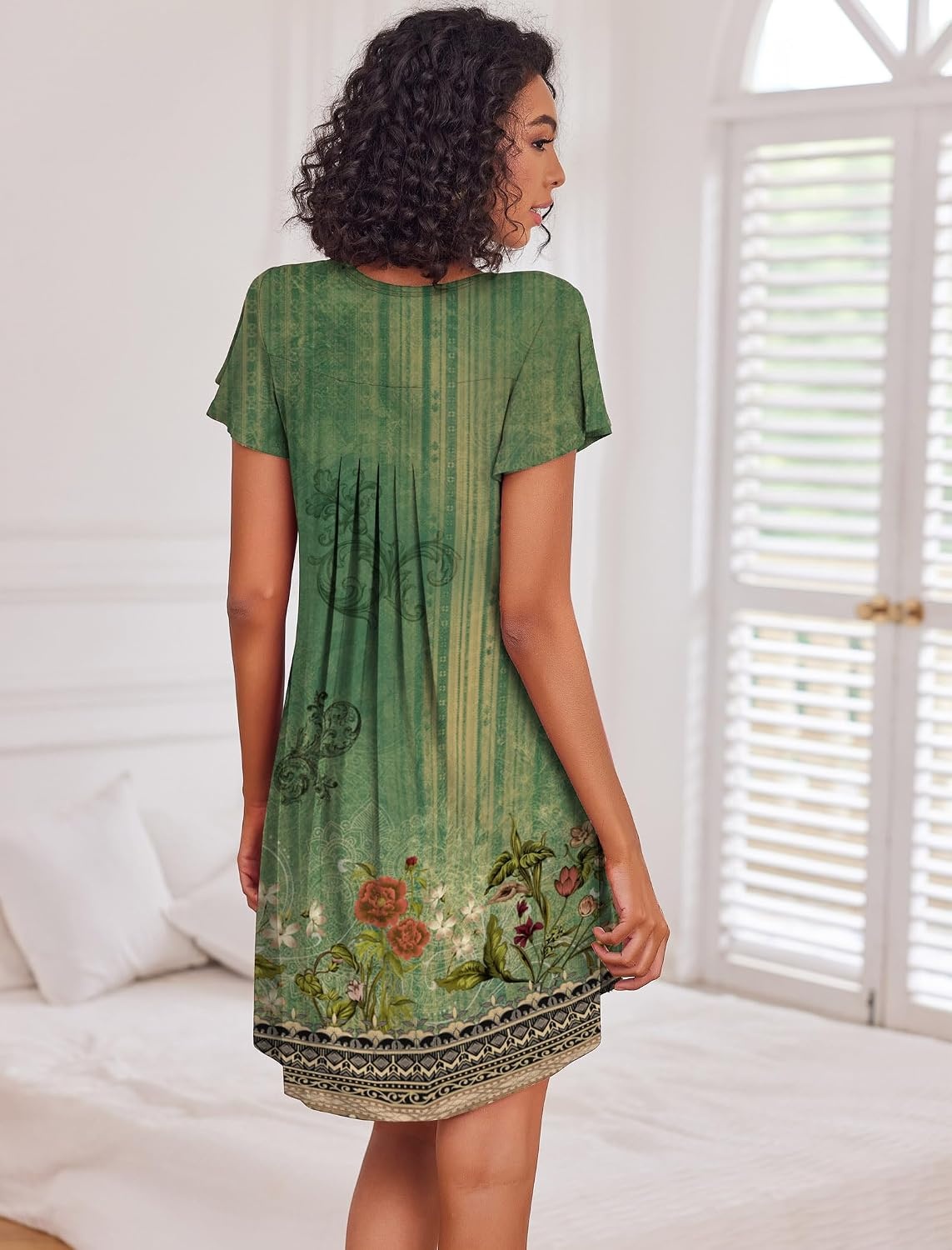 image:imageEkouaer Womens Nightgown Soft Sleepwear Pleated Sleepshirt Sleep Dress Short Sleeve Nightdress S3XLGreen Boho Floral