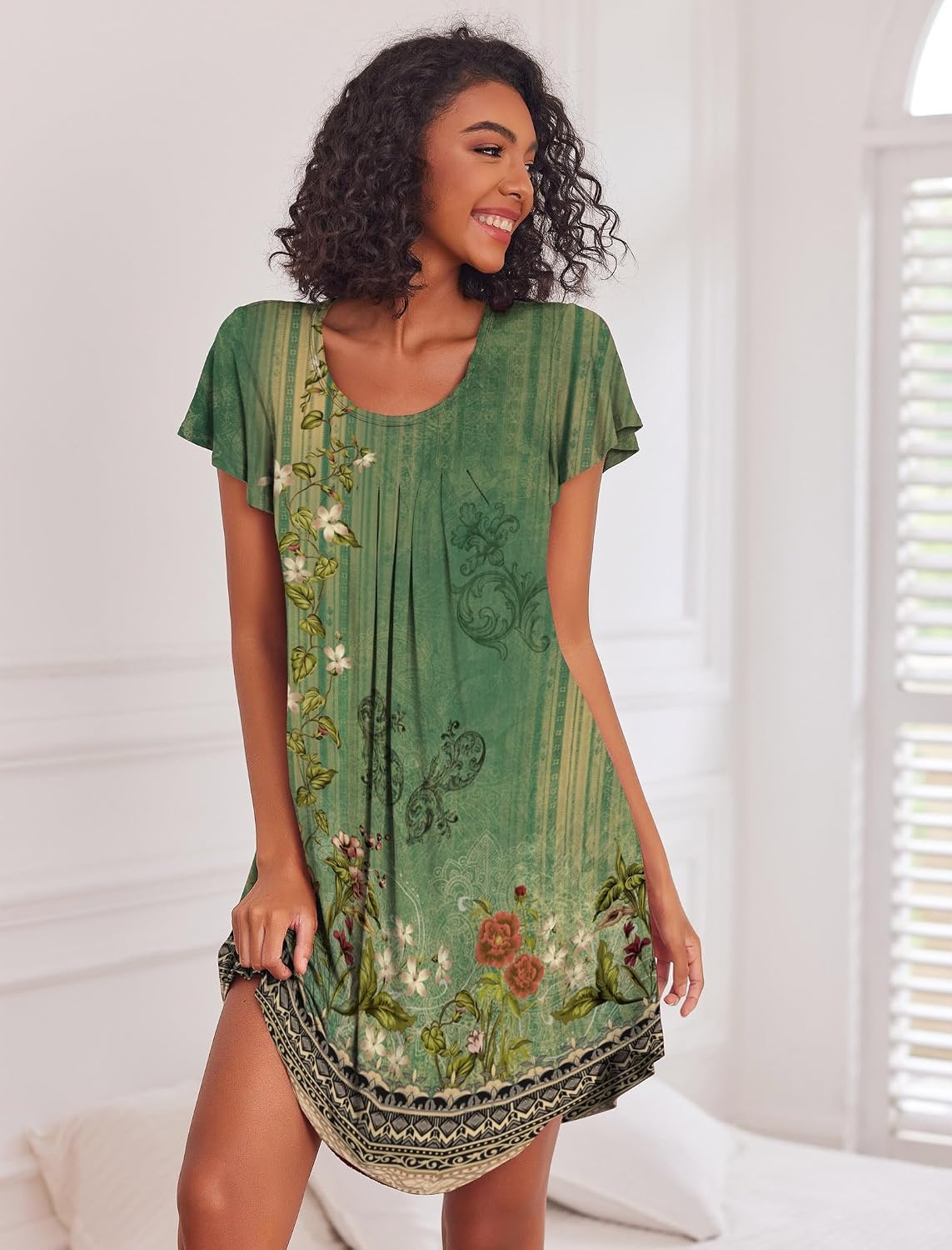 image:imageEkouaer Womens Nightgown Soft Sleepwear Pleated Sleepshirt Sleep Dress Short Sleeve Nightdress S3XLGreen Boho Floral