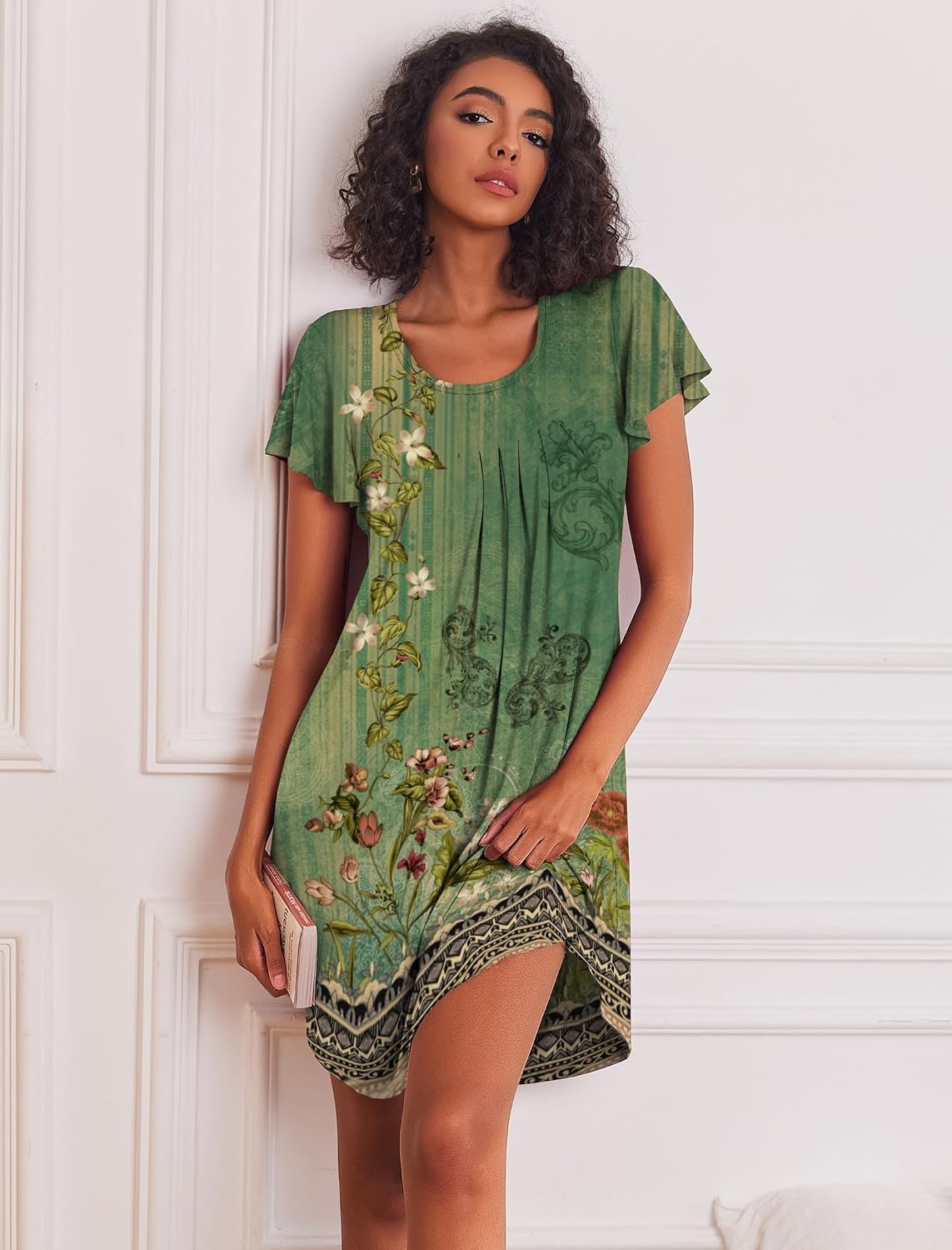 image:imageEkouaer Womens Nightgown Soft Sleepwear Pleated Sleepshirt Sleep Dress Short Sleeve Nightdress S3XLGreen Boho Floral