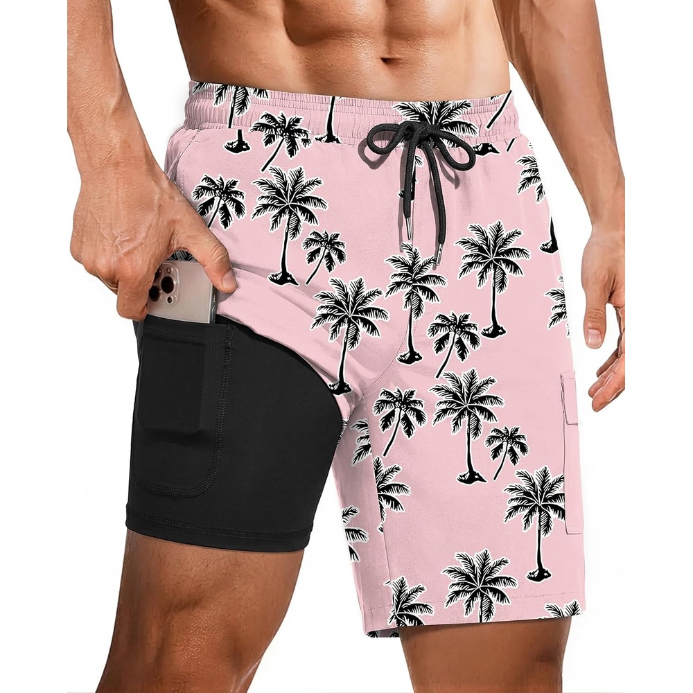 image:imageEkouaer 9 Inch Mens Swim Trunks with Compression Liner 2 in 1 Board Shorts Quick Dry Bathing Suit with Pockets S2XLPink Coconut Tree