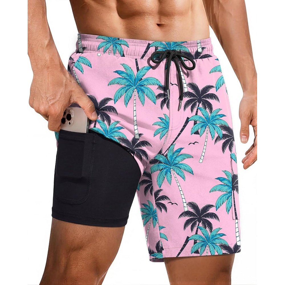 image:imageEkouaer 9 Inch Mens Swim Trunks with Compression Liner 2 in 1 Board Shorts Quick Dry Bathing Suit with Pockets S2XLPink Coconut Tree2