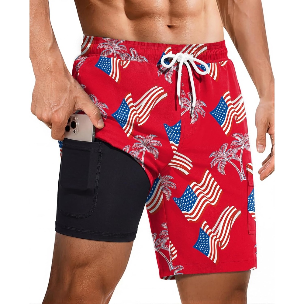 image:imageEkouaer 9 Inch Mens Swim Trunks with Compression Liner 2 in 1 Board Shorts Quick Dry Bathing Suit with Pockets S2XLRed American Flag
