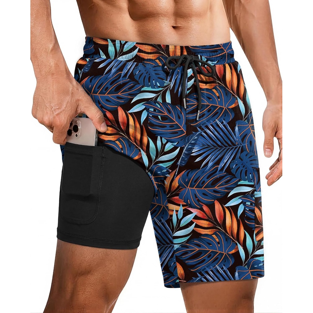 image:imageEkouaer 9 Inch Mens Swim Trunks with Compression Liner 2 in 1 Board Shorts Quick Dry Bathing Suit with Pockets S2XLTropical Leaves Orange