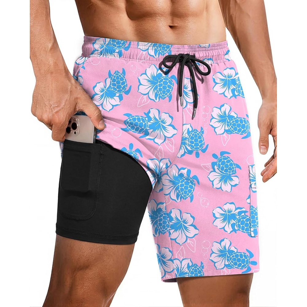 image:imageEkouaer 9 Inch Mens Swim Trunks with Compression Liner 2 in 1 Board Shorts Quick Dry Bathing Suit with Pockets S2XLTurtle Pink