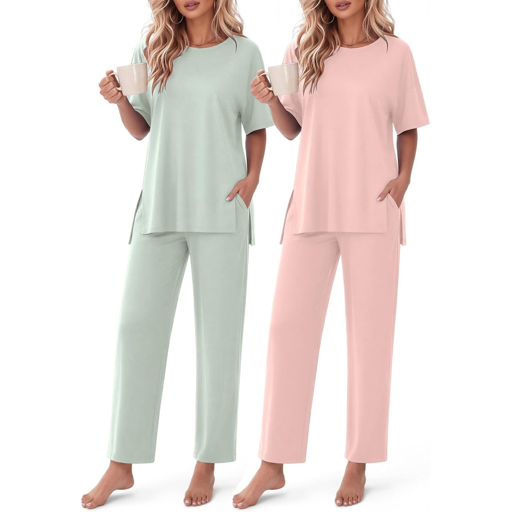 image:imageEkouaer Womens Lounge Sets Short Sleeve Top Long Pants 2 Piece Outfit Set Soft Oversized Shirt amp Loose Fit Pants with Pockets Casual Loungewear for Travel Vacation Airport HomeDaily Wear2PackLight Pinklight Green