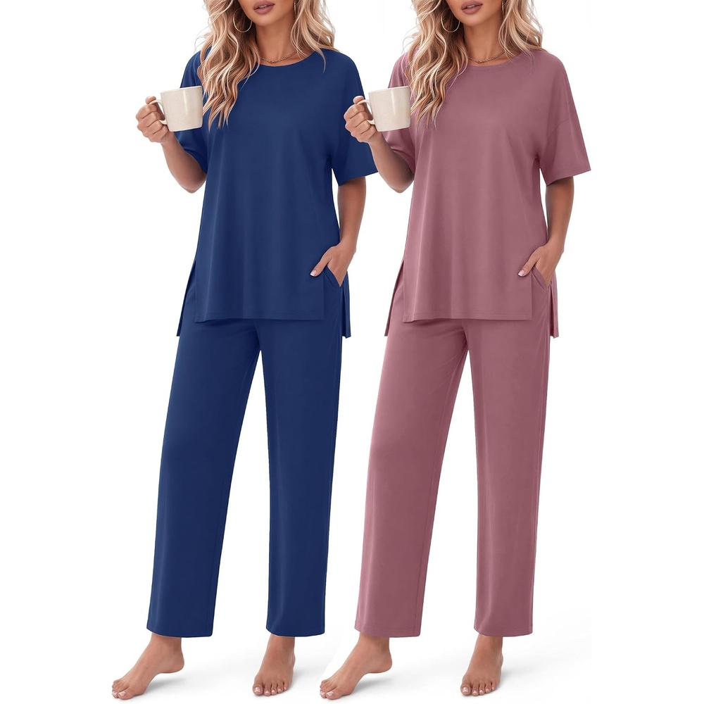 image:imageEkouaer Womens Lounge Sets Short Sleeve Top Long Pants 2 Piece Outfit Set  Soft Oversized Shirt amp Loose Fit Pants with Pockets Casual Loungewear for Travel Vacation Airport HomeDaily Wear2PackNavy Bluepurplered