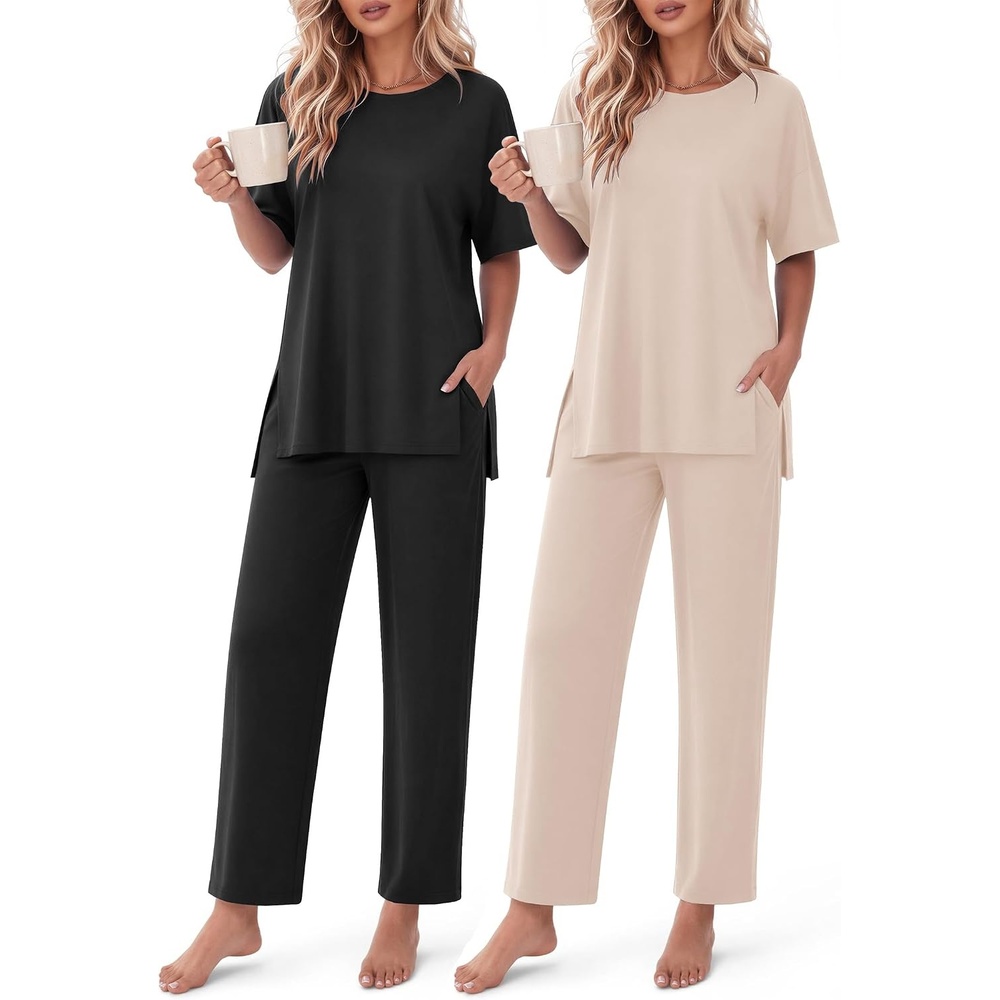 image:imageEkouaer Womens Lounge Sets Short Sleeve Top Long Pants 2 Piece Outfit Set  Soft Oversized Shirt amp Loose Fit Pants with Pockets Casual Loungewear for Travel Vacation Airport HomeDaily Wear2PackBlackchampagne