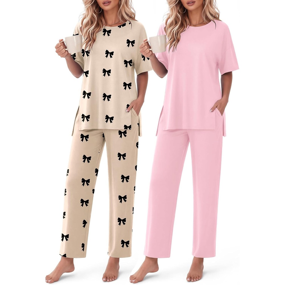 image:imageEkouaer Womens Lounge Sets Short Sleeve Top Long Pants 2 Piece Outfit Set  Soft Oversized Shirt amp Loose Fit Pants with Pockets Casual Loungewear for Travel Vacation Airport HomeDaily Wear2PackHot Pinkchampagne Bow