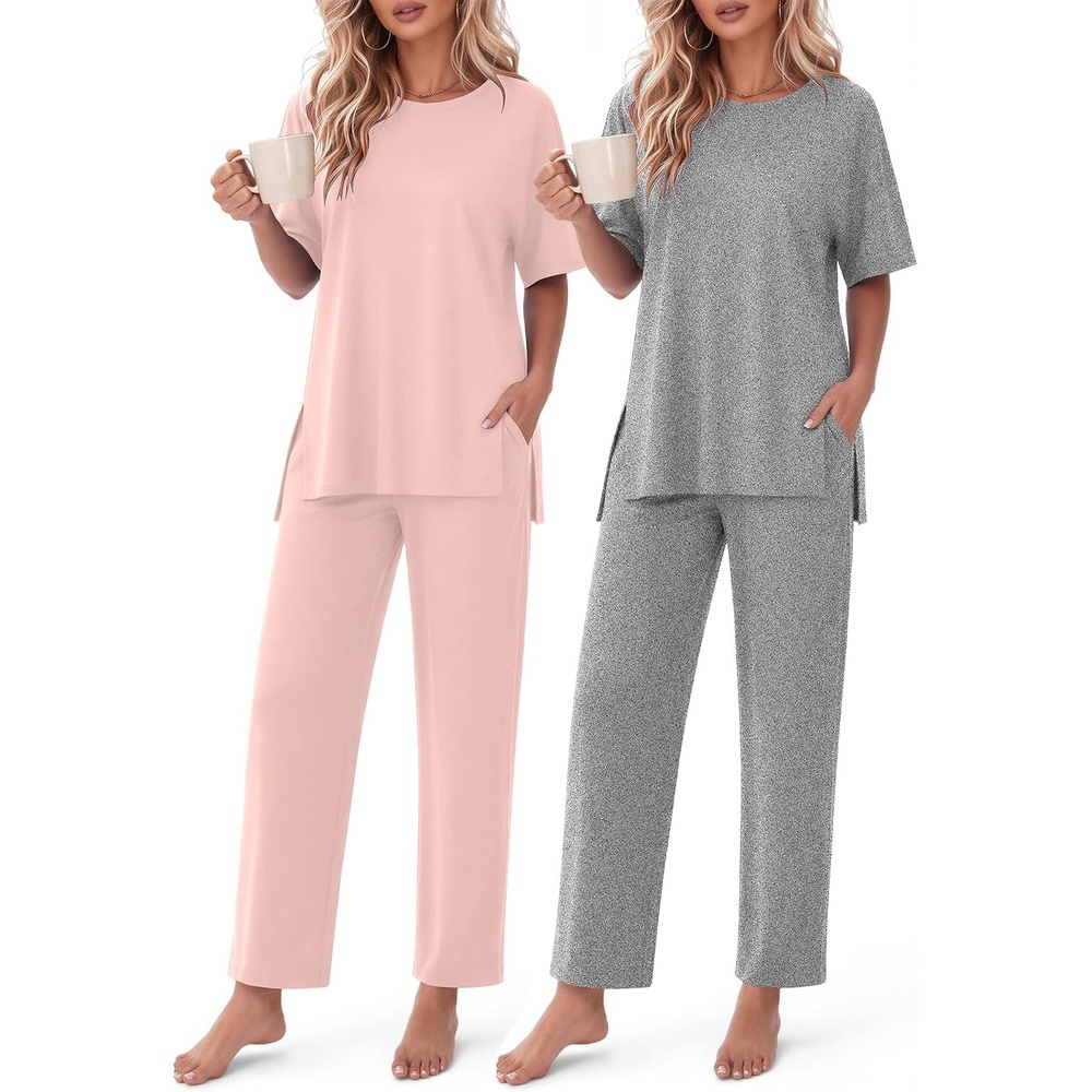 image:imageEkouaer Womens Lounge Sets Short Sleeve Top Long Pants 2 Piece Outfit Set  Soft Oversized Shirt amp Loose Fit Pants with Pockets Casual Loungewear for Travel Vacation Airport HomeDaily Wear2PackLight Pinkgrey