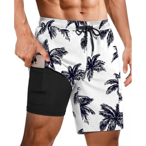Ekouaer 9 Inch Mens Swim Trunks with Compression Liner 2 in 1 Board Shorts Quick Dry Bathing Suit with Pockets S-2XL(Coconut Tree-white)