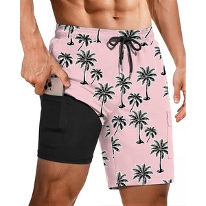 Ekouaer 9 Inch Mens Swim Trunks with Compression Liner 2 in 1 Board Shorts Quick Dry Bathing Suit with Pockets S-2XL(Pink Coconut Tree)
