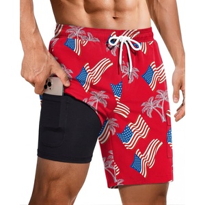 Ekouaer 9 Inch Mens Swim Trunks with Compression Liner 2 in 1 Board Shorts Quick Dry Bathing Suit with Pockets S-2XL(Red- American Flag)