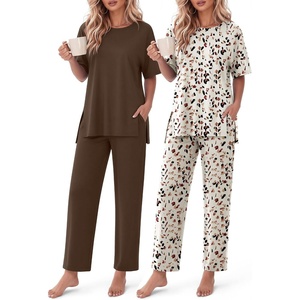 Ekouaer Women’s Lounge Sets Short Sleeve Top Long Pants 2 Piece Outfit Set | Soft Oversized Shirt & Loose Fit Pants with Pockets, Casual Loungewear for Travel, Vacation, Airport, Home,Daily Wear,2-Pack(Brown&grey-apricot Leopard)