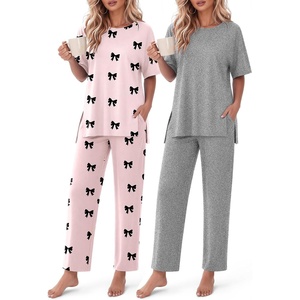 Ekouaer Women’s Lounge Sets Short Sleeve Top Long Pants 2 Piece Outfit Set | Soft Oversized Shirt & Loose Fit Pants with Pockets, Casual Loungewear for Travel, Vacation, Airport, Home,Daily Wear,2-Pack(Grey&pink Bow)