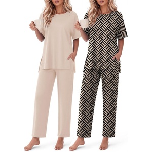 Ekouaer Women’s Lounge Sets Short Sleeve Top Long Pants 2 Piece Outfit Set | Soft Oversized Shirt & Loose Fit Pants with Pockets, Casual Loungewear for Travel, Vacation, Airport, Home,Daily Wear,2-Pack(Champagne&black Geometric)