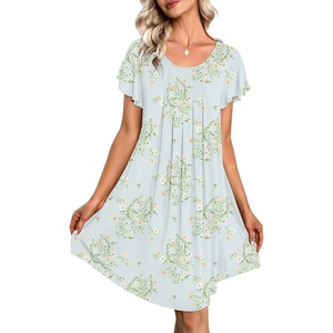 Ekouaer Womens Nightgown Soft Sleepwear Pleated Sleepshirt Sleep Dress Short Sleeve Nightdress S-3XL(Floral Light Green)