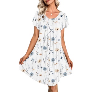 Ekouaer Womens Nightgown Soft Sleepwear Pleated Sleepshirt Sleep Dress Short Sleeve Nightdress S-3XL(Floral White)