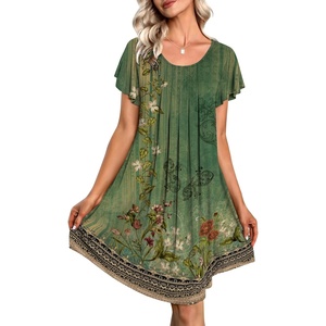 Ekouaer Womens Nightgown Soft Sleepwear Pleated Sleepshirt Sleep Dress Short Sleeve Nightdress S-3XL(Green Boho Floral)