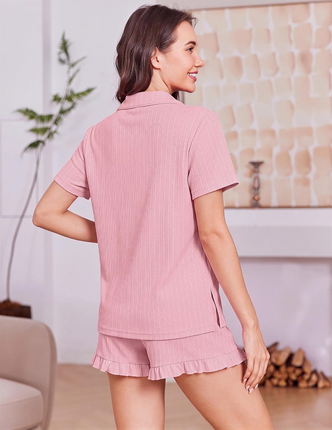 image:imageEkouaer Womens Pajamas Sets Button Down Pjs Cute Short Sleeve Sleepwear Pointelle Fabric PyjamaRuffle Edges ShortsClassic Notch Neck ShirtChest PocketCute LoungewearBridal Party NightwearPink