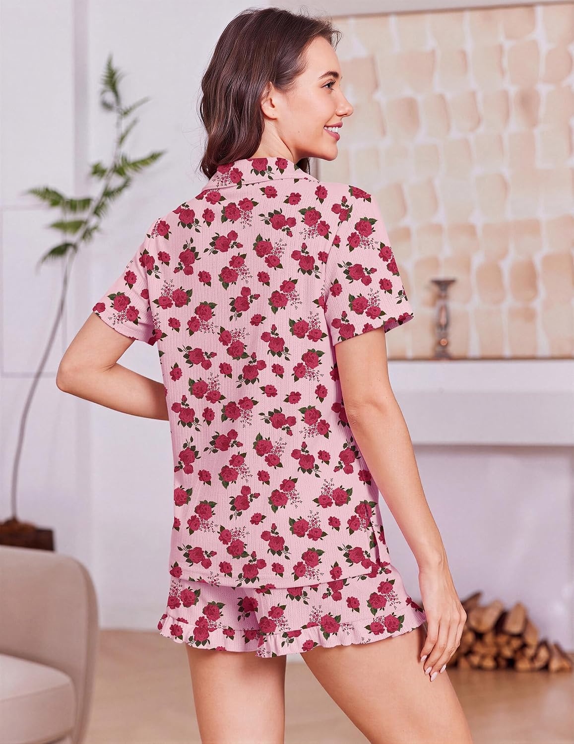 image:imageEkouaer Womens Pajamas Sets Button Down Pjs Cute Short Sleeve Sleepwear Pointelle Fabric PyjamaRuffle Edges ShortsClassic Notch Neck ShirtChest PocketCute LoungewearBridal Party NightwearRed Floral