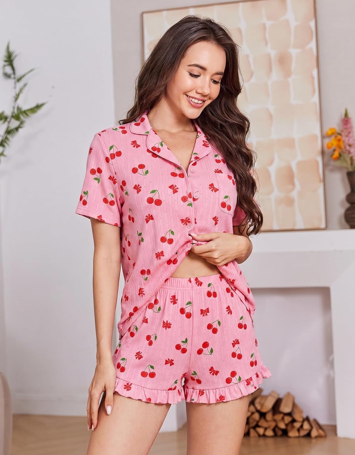 image:imageEkouaer Womens Pajamas Sets Button Down Pjs Cute Short Sleeve Sleepwear Pointelle Fabric PyjamaRuffle Edges ShortsClassic Notch Neck ShirtChest PocketCute LoungewearBridal Party NightwearCherry Bow