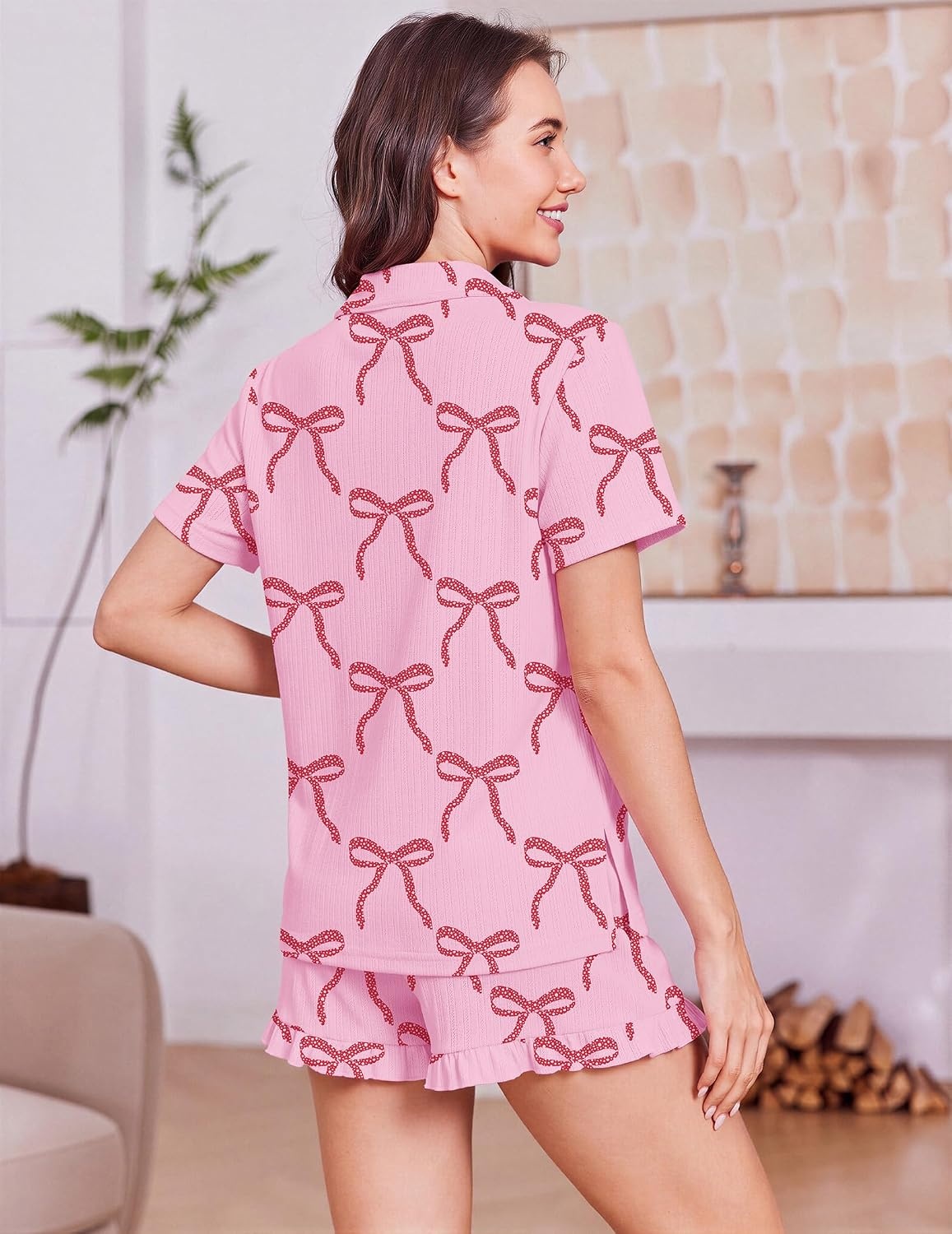 image:imageEkouaer Womens Pajamas Sets Button Down Pjs Cute Short Sleeve Sleepwear Pointelle Fabric PyjamaRuffle Edges ShortsClassic Notch Neck ShirtChest PocketCute LoungewearBridal Party NightwearBow 2