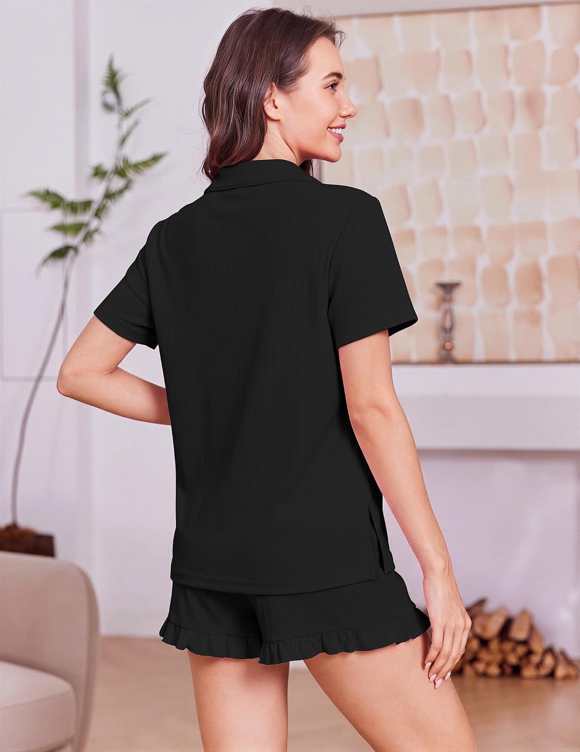 image:imageEkouaer Womens Pajamas Sets Button Down Pjs Cute Short Sleeve Sleepwear Pointelle Fabric PyjamaRuffle Edges ShortsClassic Notch Neck ShirtChest PocketCute LoungewearBridal Party NightwearBlack